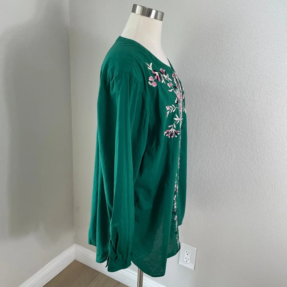 J Jill Womens Plus 2X Green Floral Embroidered Tunic Top Shirt Long Sleeve - Picture 6 of 8
